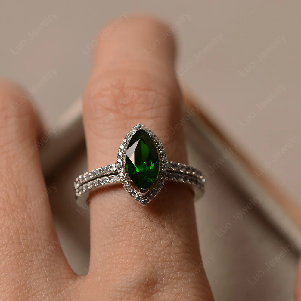 Marquise Cut Diopside Halo Bridal Set Ring - Image 4