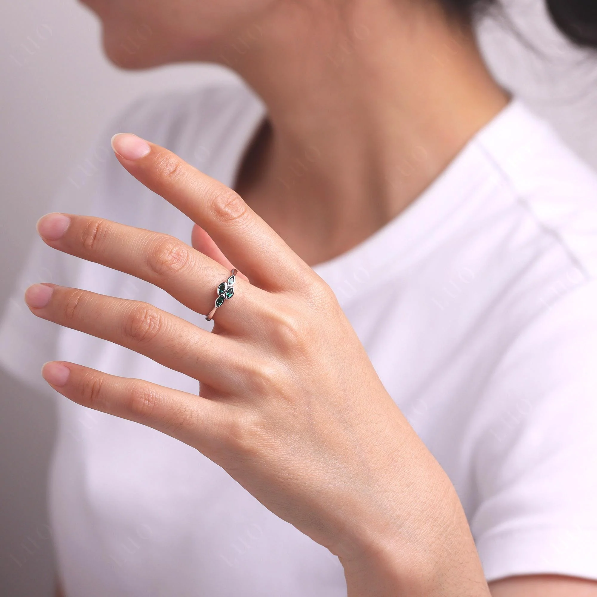 Marquise Cut Emerald Bezel Cluster Ring - Image 15