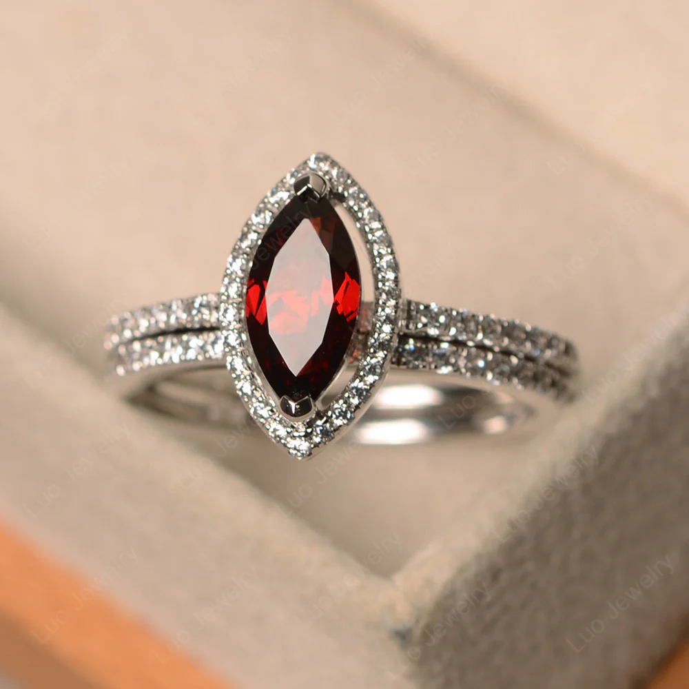 Marquise Cut Garnet Halo Bridal Set Ring