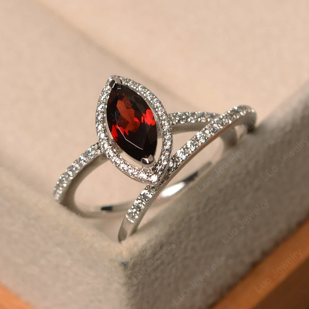 Marquise Cut Garnet Halo Bridal Set Ring - Image 2