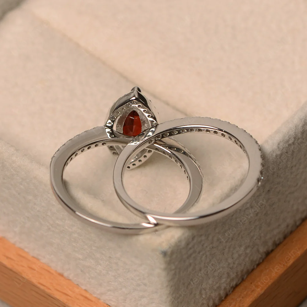 Marquise Cut Garnet Halo Bridal Set Ring - Image 3