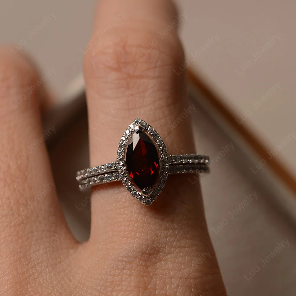 Marquise Cut Garnet Halo Bridal Set Ring - Image 4
