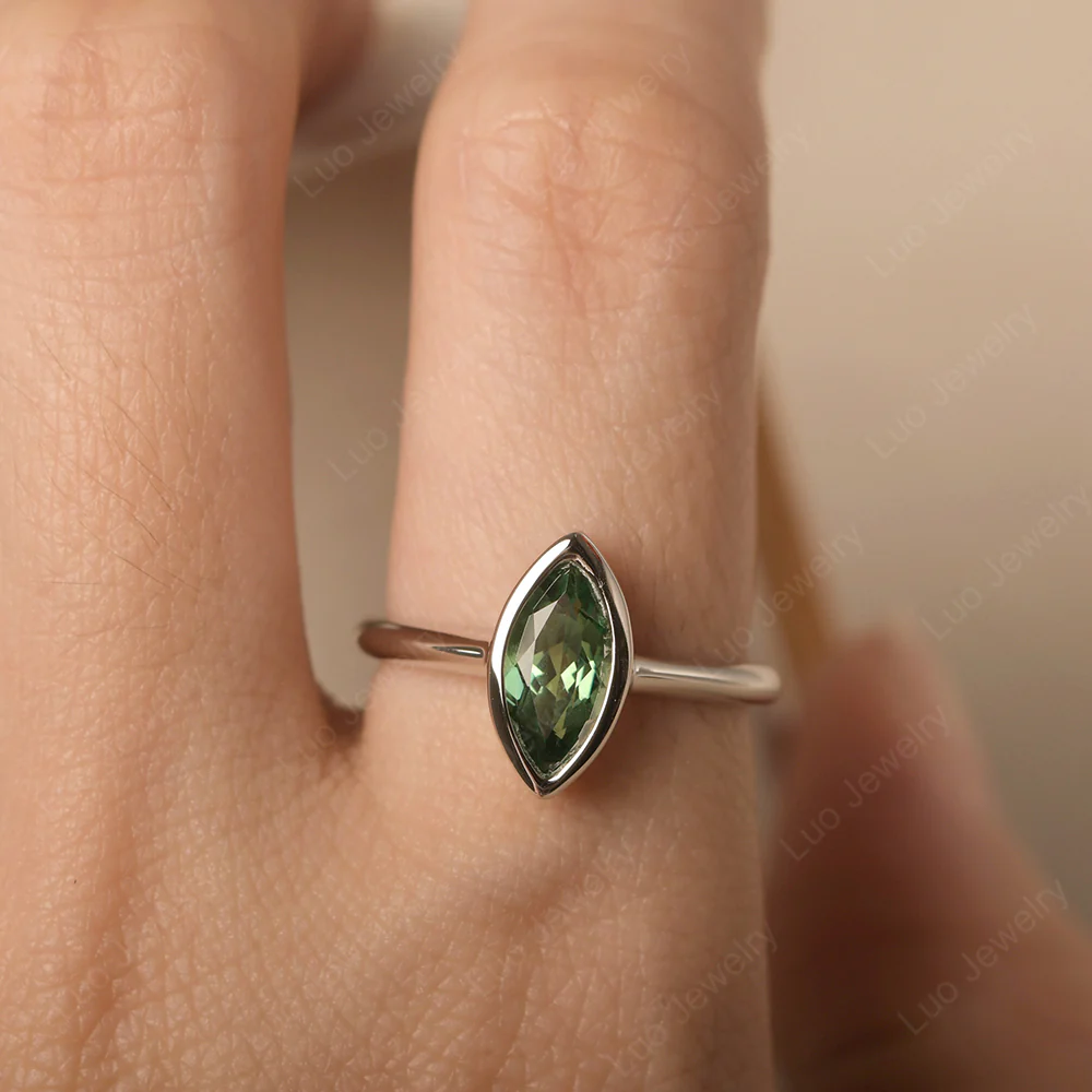 Marquise Cut Green Sapphire Bezel Set Ring - Image 5