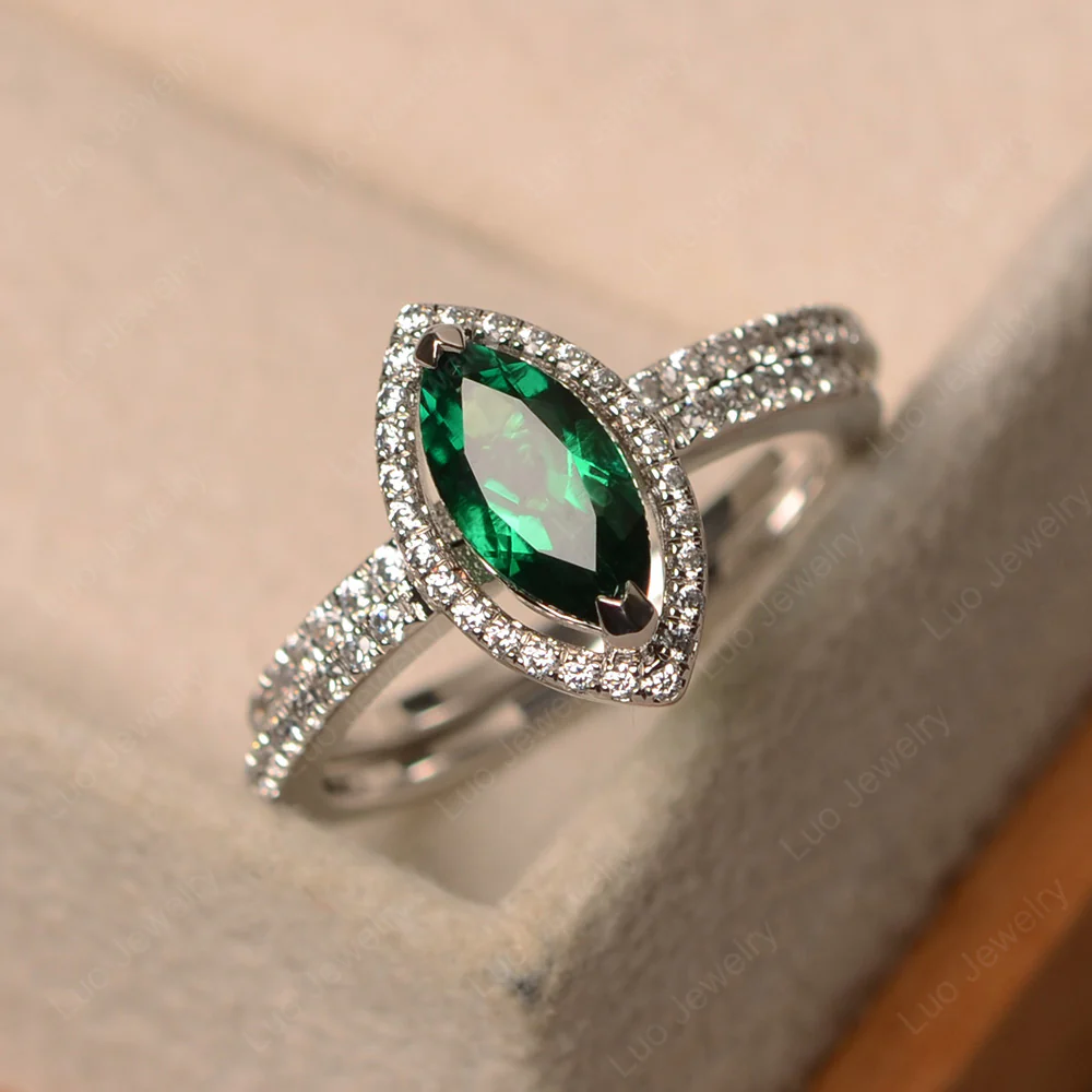 Marquise Cut Emerald Halo Bridal Set Ring