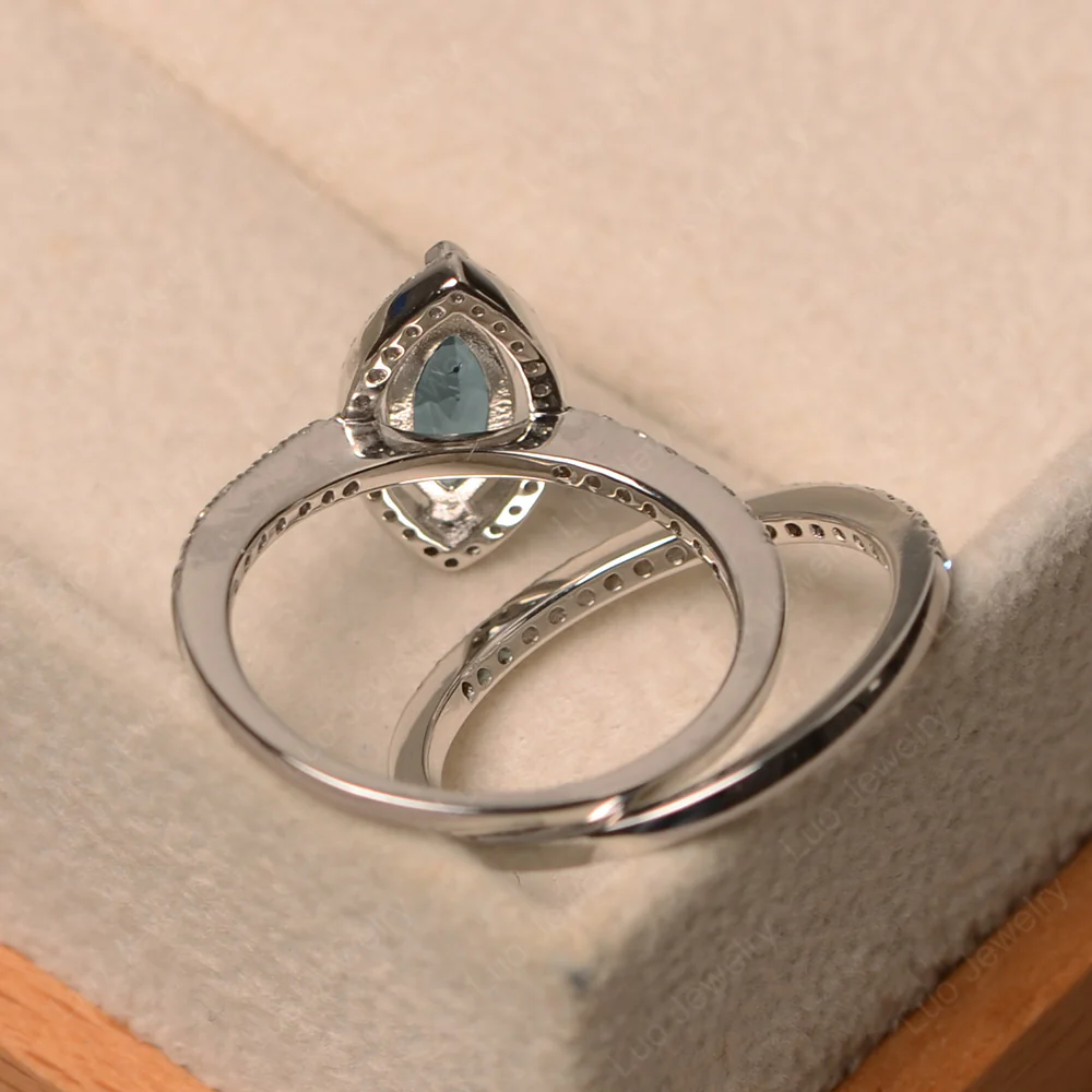 Marquise Cut London Blue Topaz Halo Bridal Set Ring - Image 3
