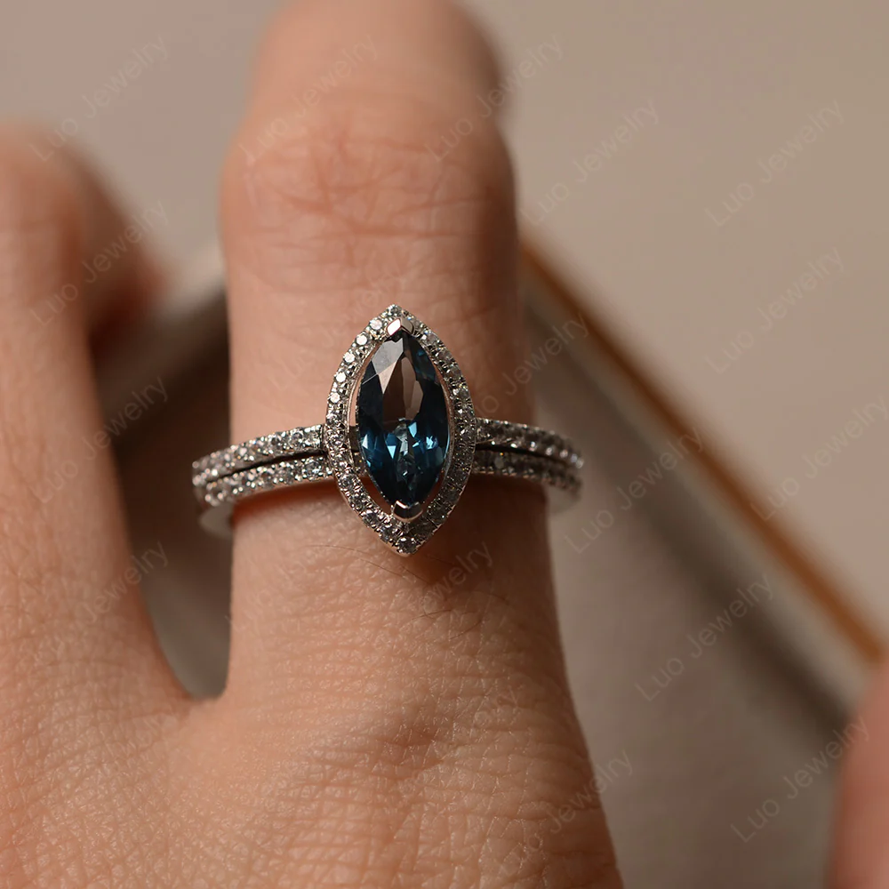 Marquise Cut London Blue Topaz Halo Bridal Set Ring - Image 4