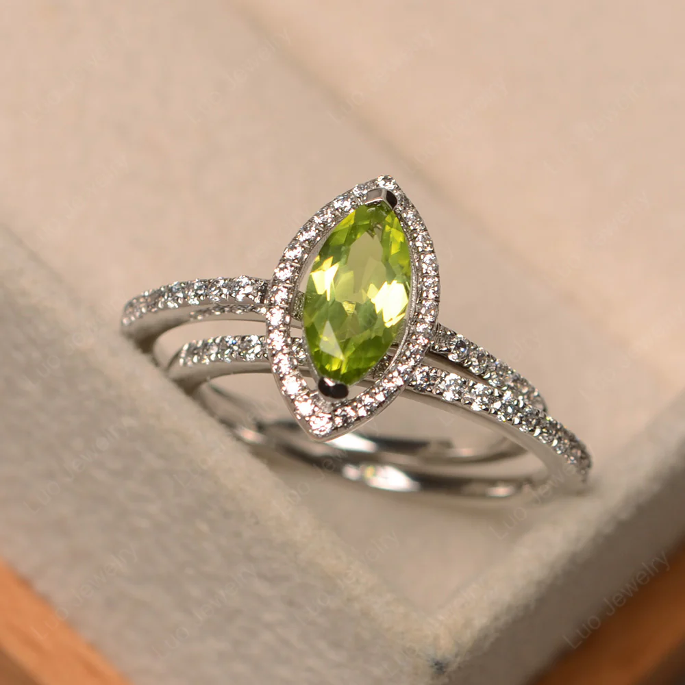 Marquise Cut Peridot Halo Bridal Set Ring - Image 2