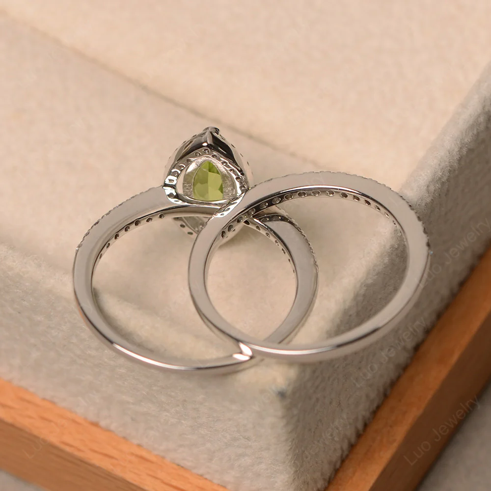 Marquise Cut Peridot Halo Bridal Set Ring - Image 3