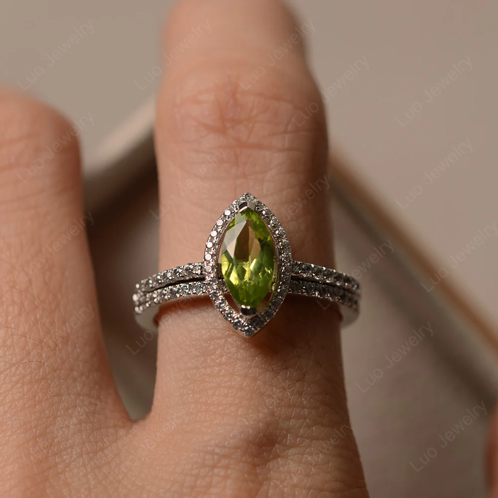 Marquise Cut Peridot Halo Bridal Set Ring - Image 4