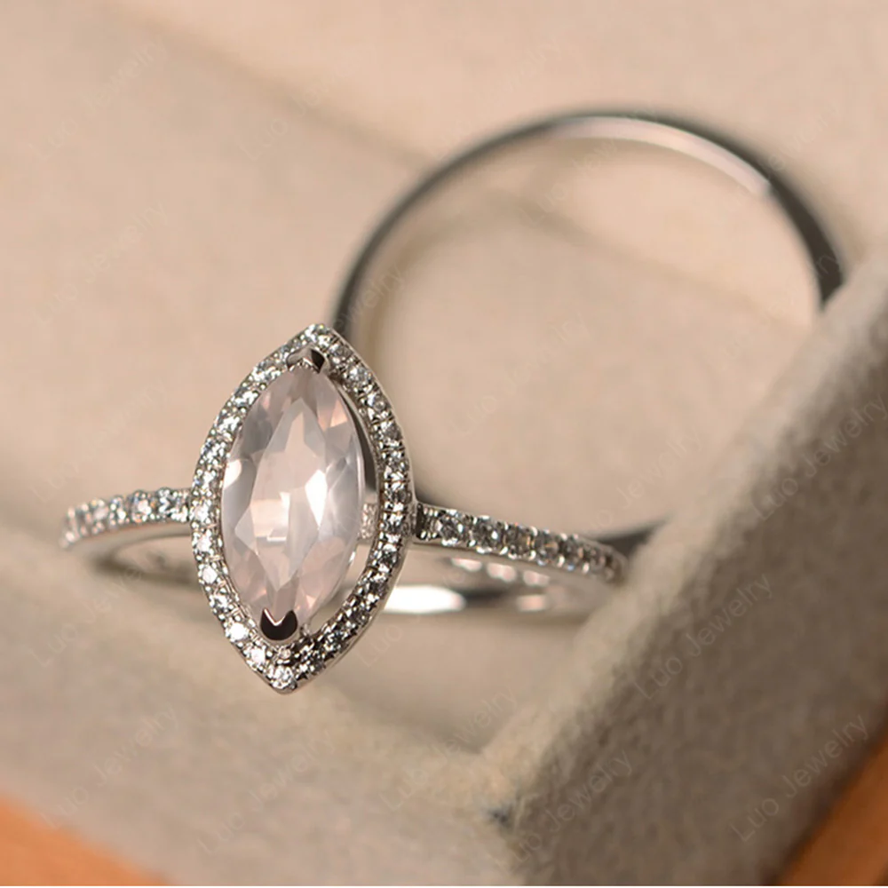 Marquise Cut Rose Quartz Halo Bridal Set Ring - Image 2