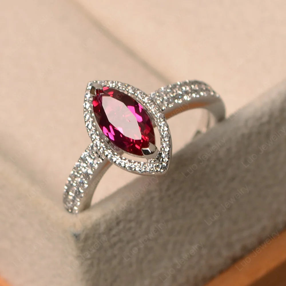 Marquise Cut Ruby Halo Bridal Set Ring