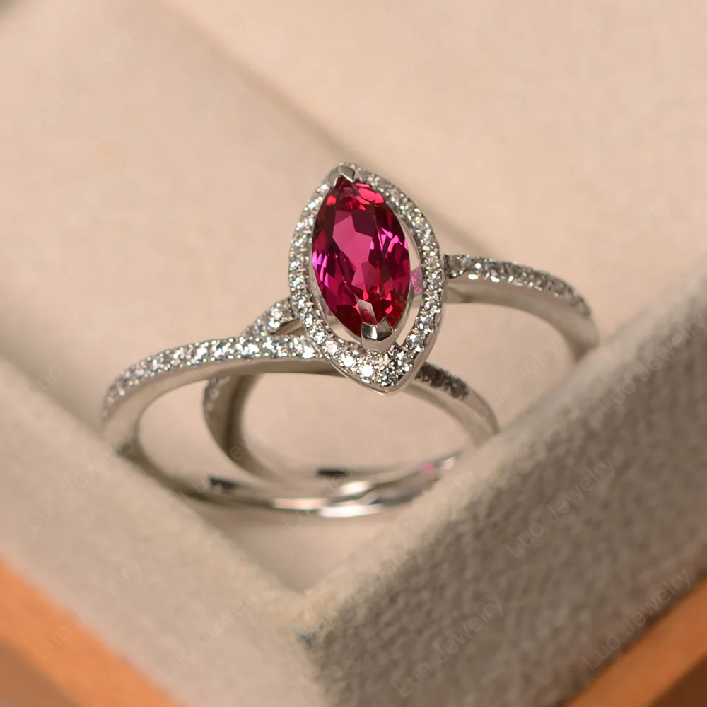Marquise Cut Ruby Halo Bridal Set Ring - Image 2