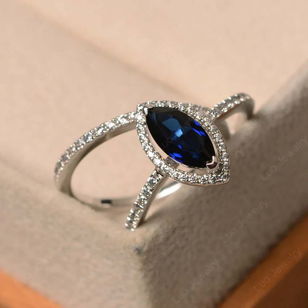 Marquise Cut Sapphire Halo Bridal Set Ring - Image 2