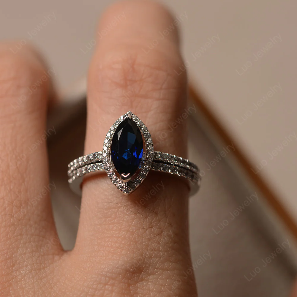 Marquise Cut Sapphire Halo Bridal Set Ring - Image 4
