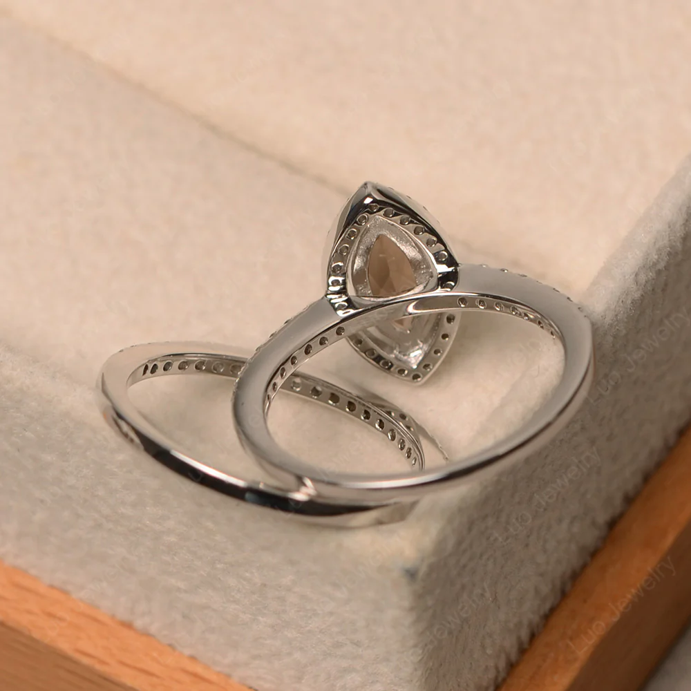 Marquise Cut Smoky Quartz Halo Bridal Set Ring - Image 3