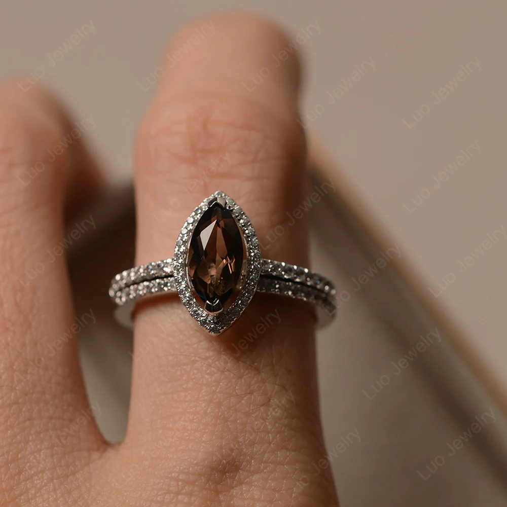 Marquise Cut Smoky Quartz Halo Bridal Set Ring - Image 4