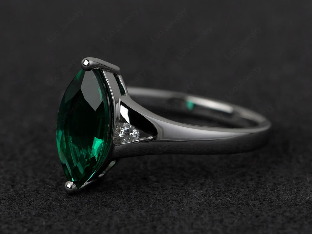 Marquise Cut Split Shank Emerald Ring - Image 2