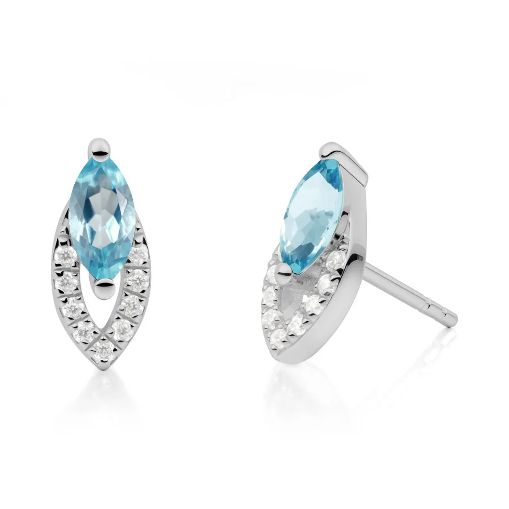 Marquise Cut Swiss Blue Topaz Halo Stud Earrings - Image 4