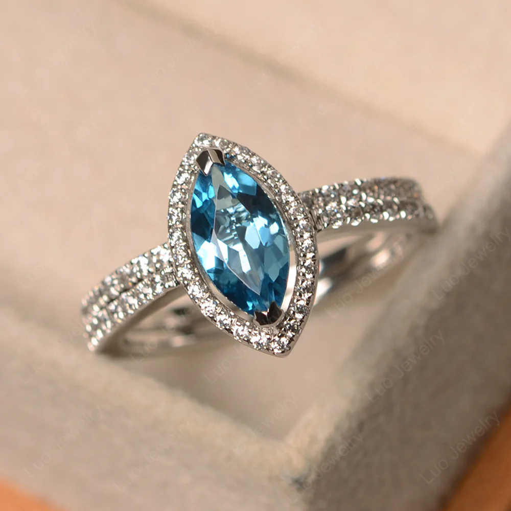 Marquise Cut Swiss Blue Topaz Halo Bridal Set Ring