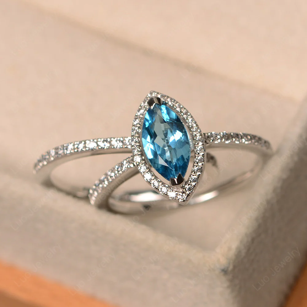 Marquise Cut Swiss Blue Topaz Halo Bridal Set Ring - Image 2