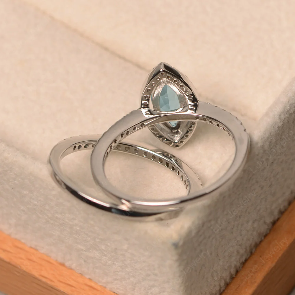 Marquise Cut Swiss Blue Topaz Halo Bridal Set Ring - Image 3