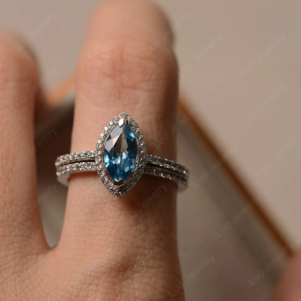 Marquise Cut Swiss Blue Topaz Halo Bridal Set Ring - Image 4