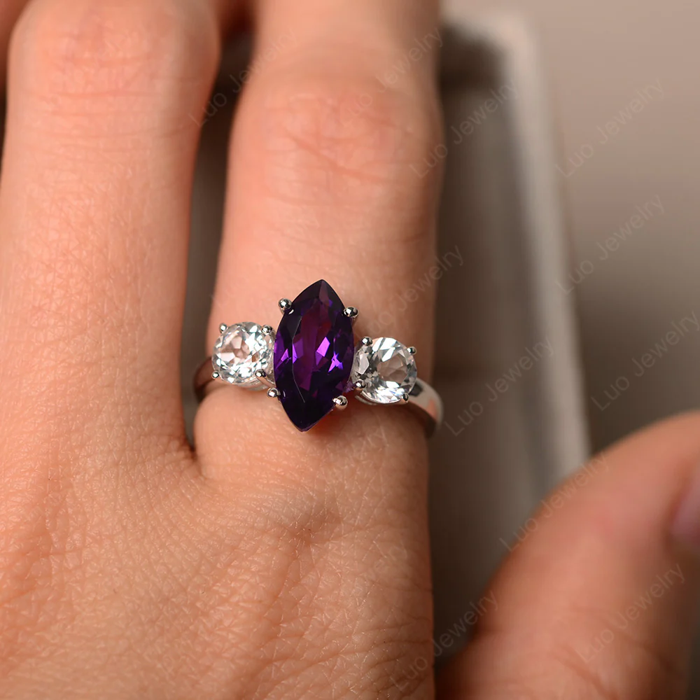 Marquise Cut Three Stone Amethyst Ring - Image 4