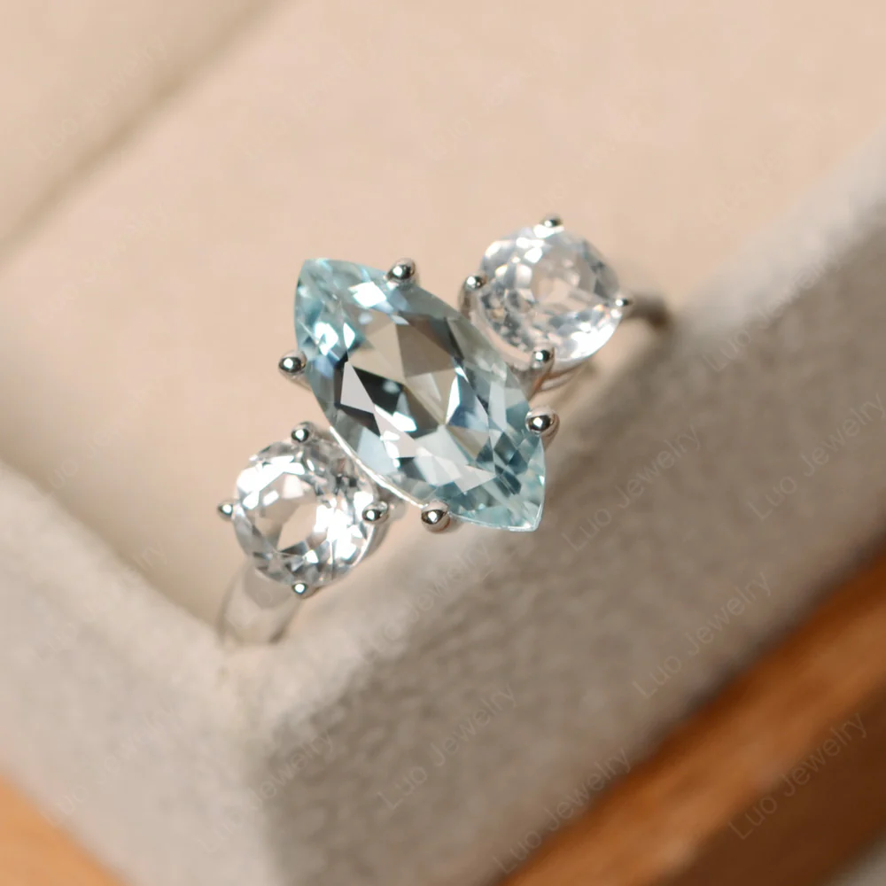 Marquise Cut Three Stone Aquamarine Ring - Image 2