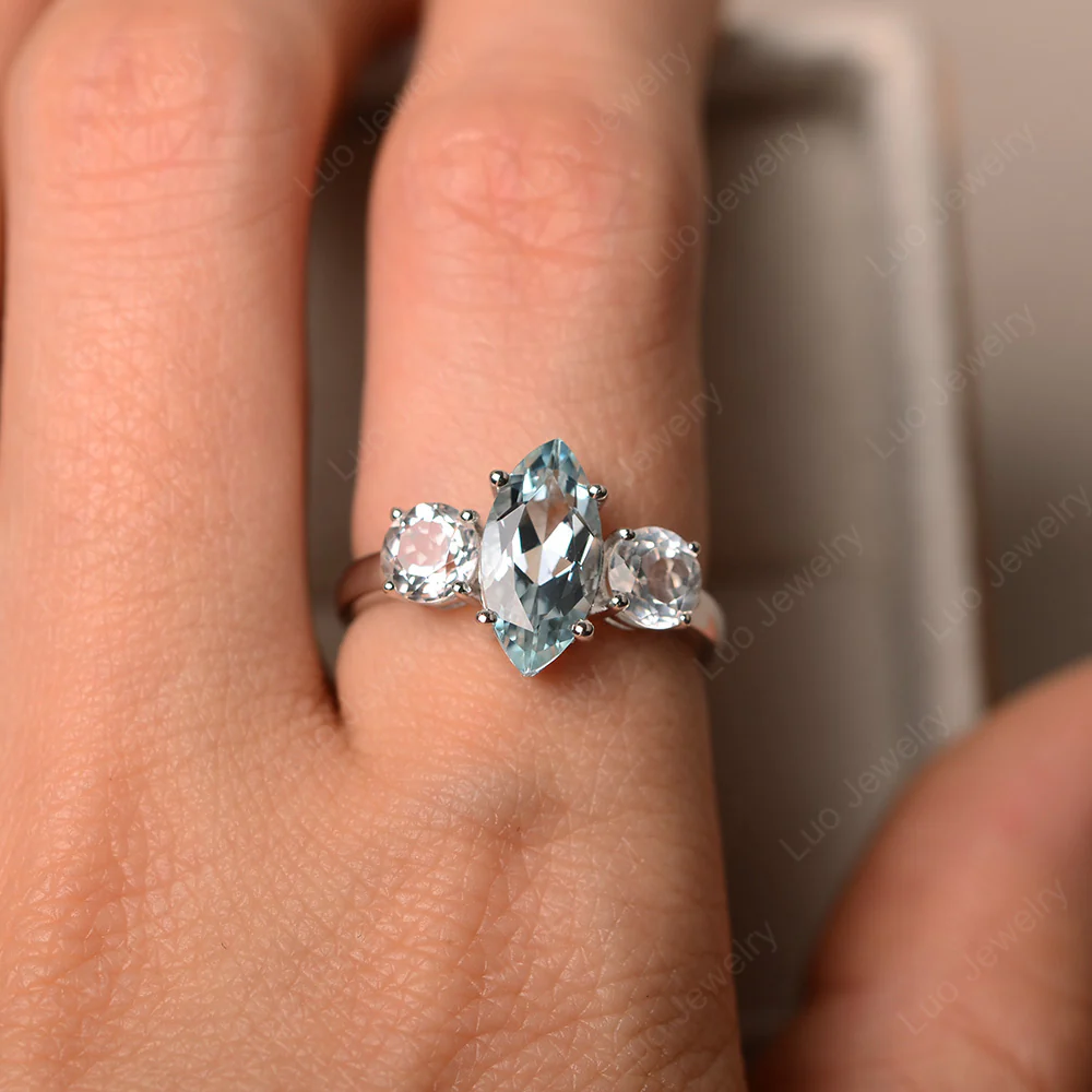 Marquise Cut Three Stone Aquamarine Ring - Image 4