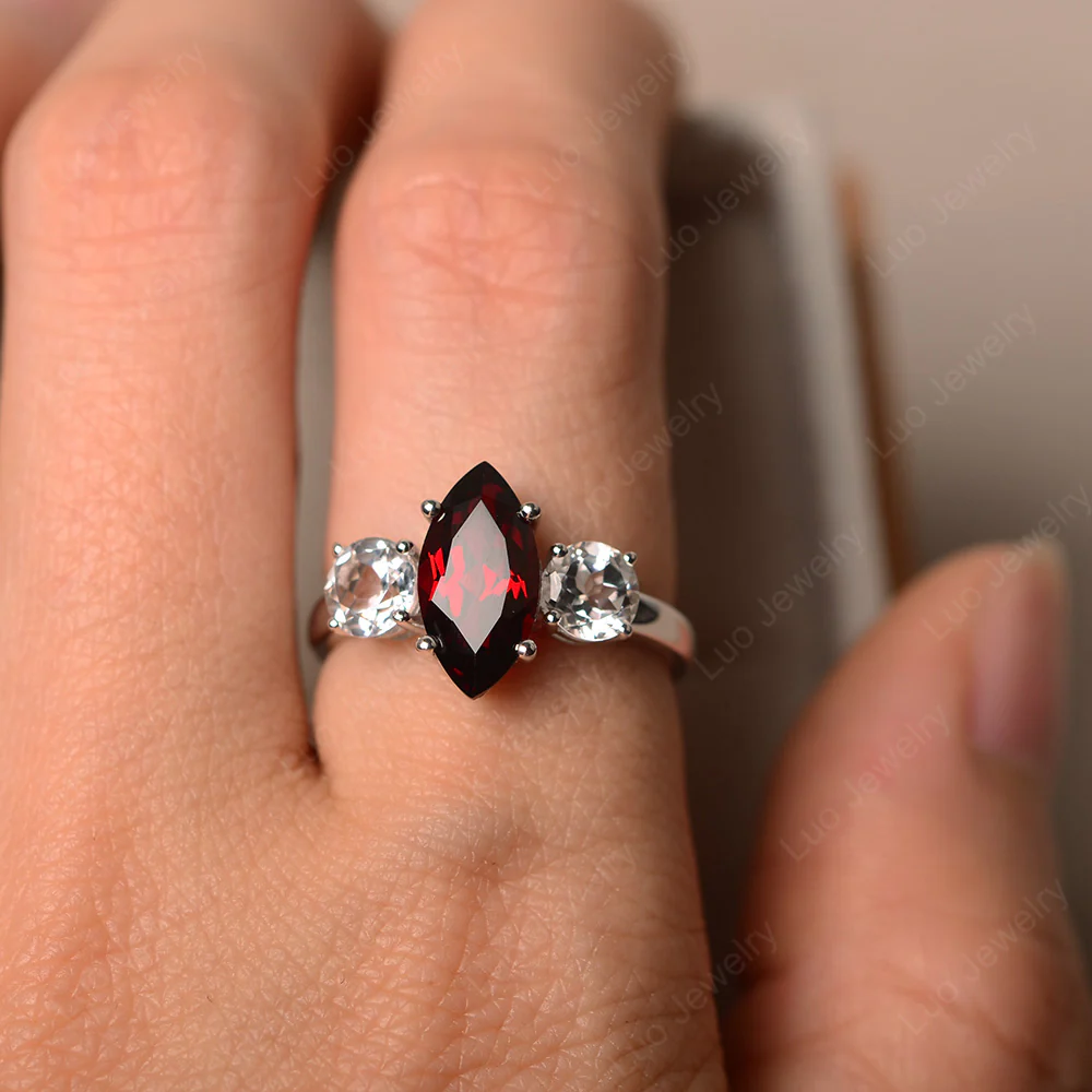 Marquise Cut Three Stone Garnet Ring - Image 5