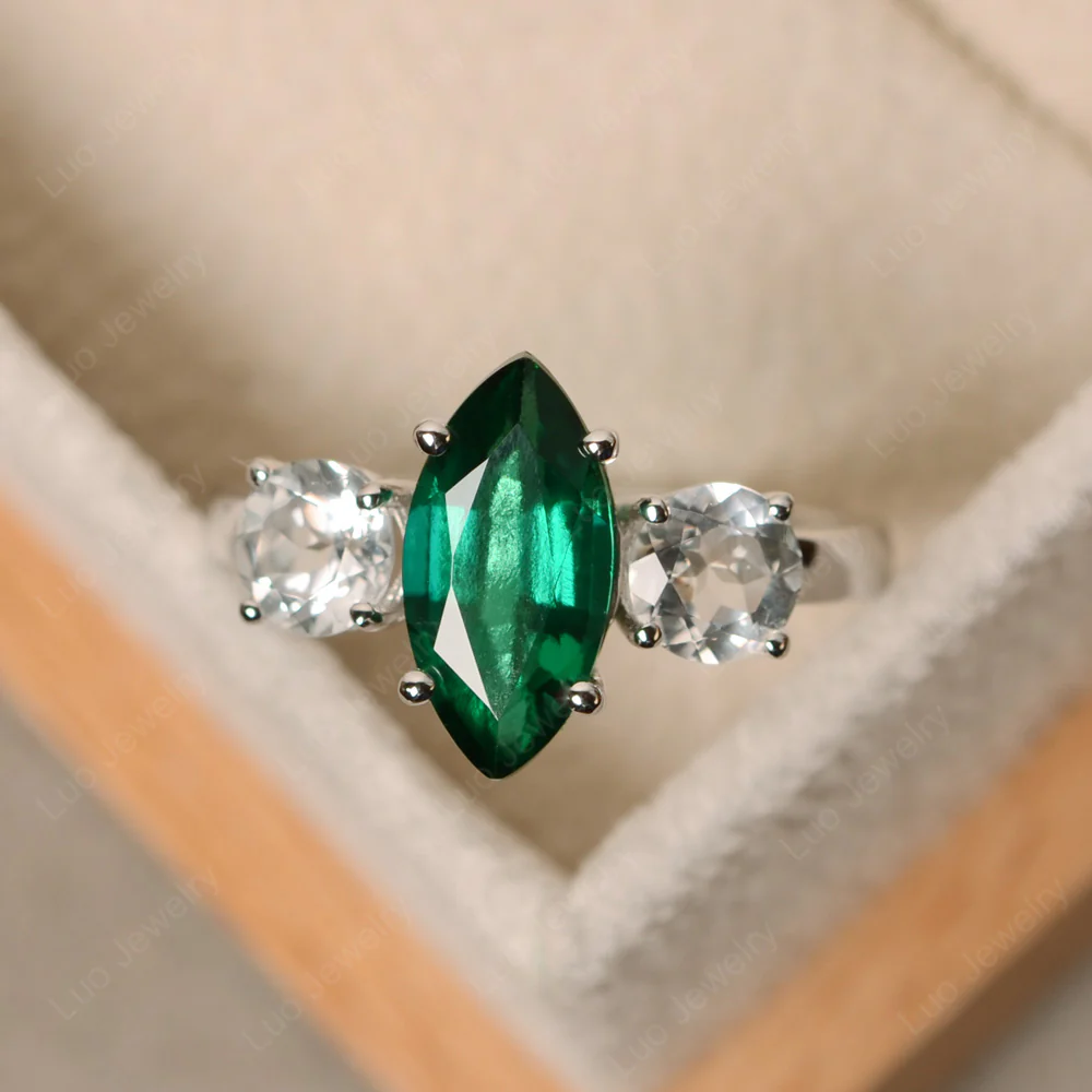 Marquise Cut Three Stone Emerald Ring - Image 2
