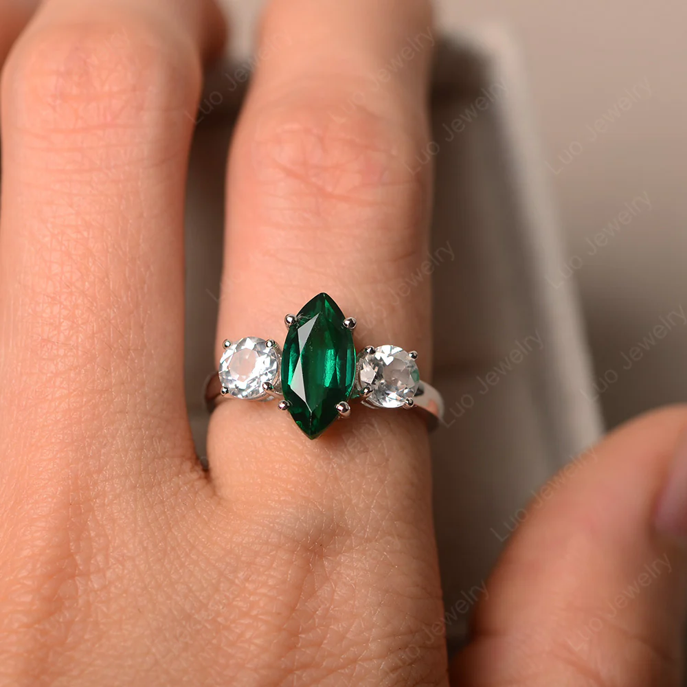 Marquise Cut Three Stone Emerald Ring - Image 5