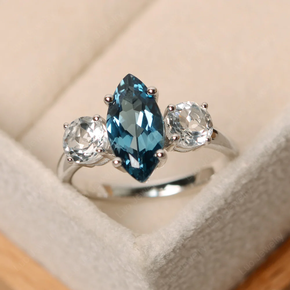 Marquise Cut Three Stone London Blue Topaz Ring