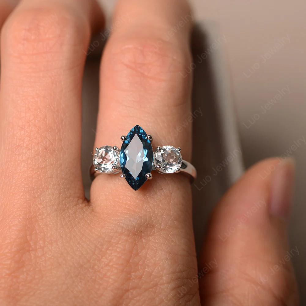 Marquise Cut Three Stone London Blue Topaz Ring - Image 4
