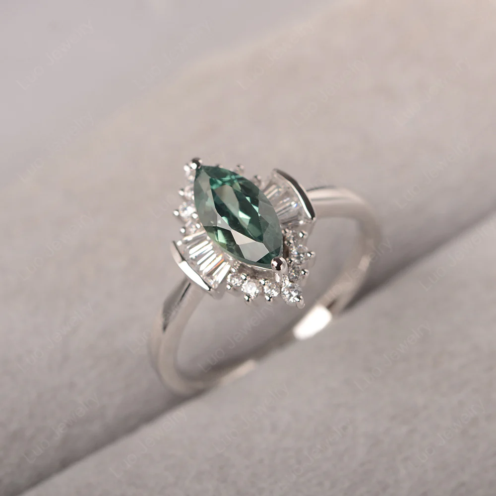 Green Sapphire Marquise Sunburst Engagement Ring - Image 2