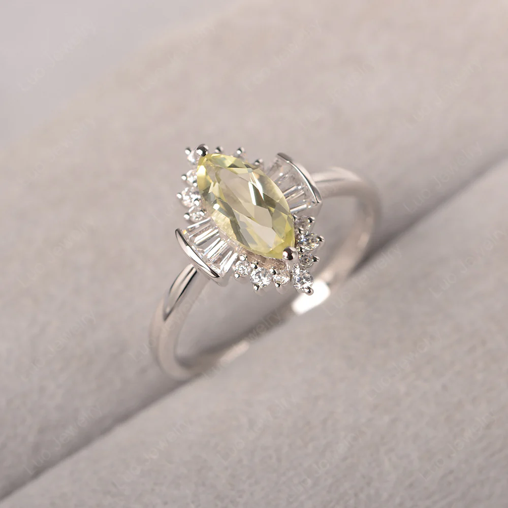 Marquise Lemon Quartz Ring with Baguettes