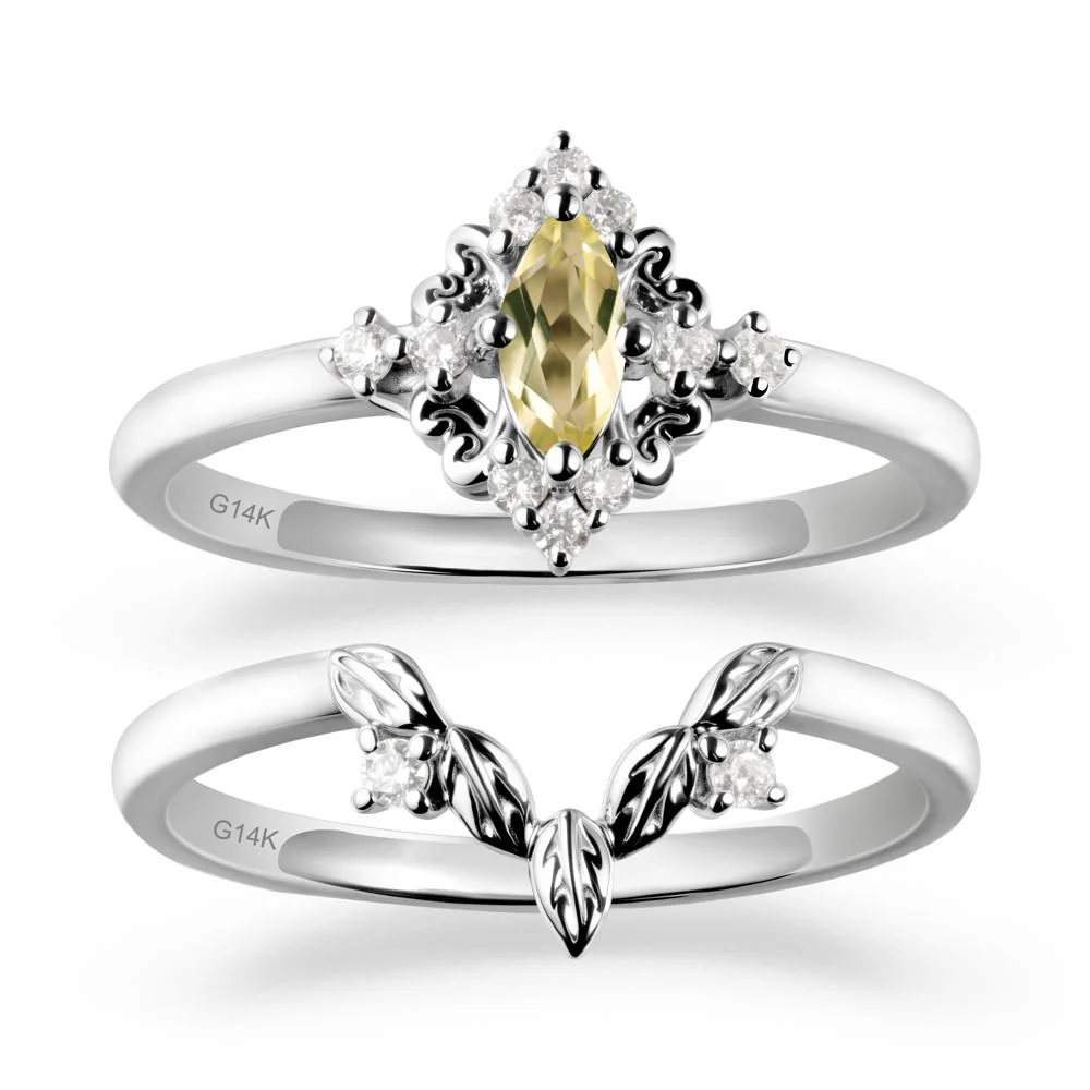 Marquise Lemon Quartz Ring Sets with Leaf Details
