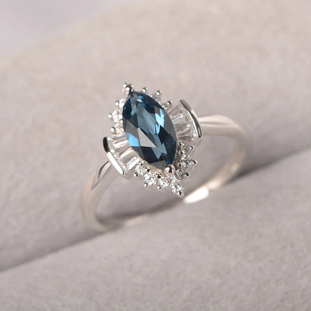 London Blue Topaz Marquise Sunburst Engagement Ring