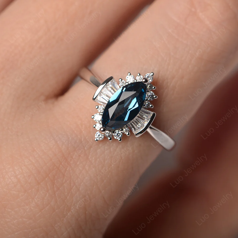 London Blue Topaz Marquise Sunburst Engagement Ring - Image 5