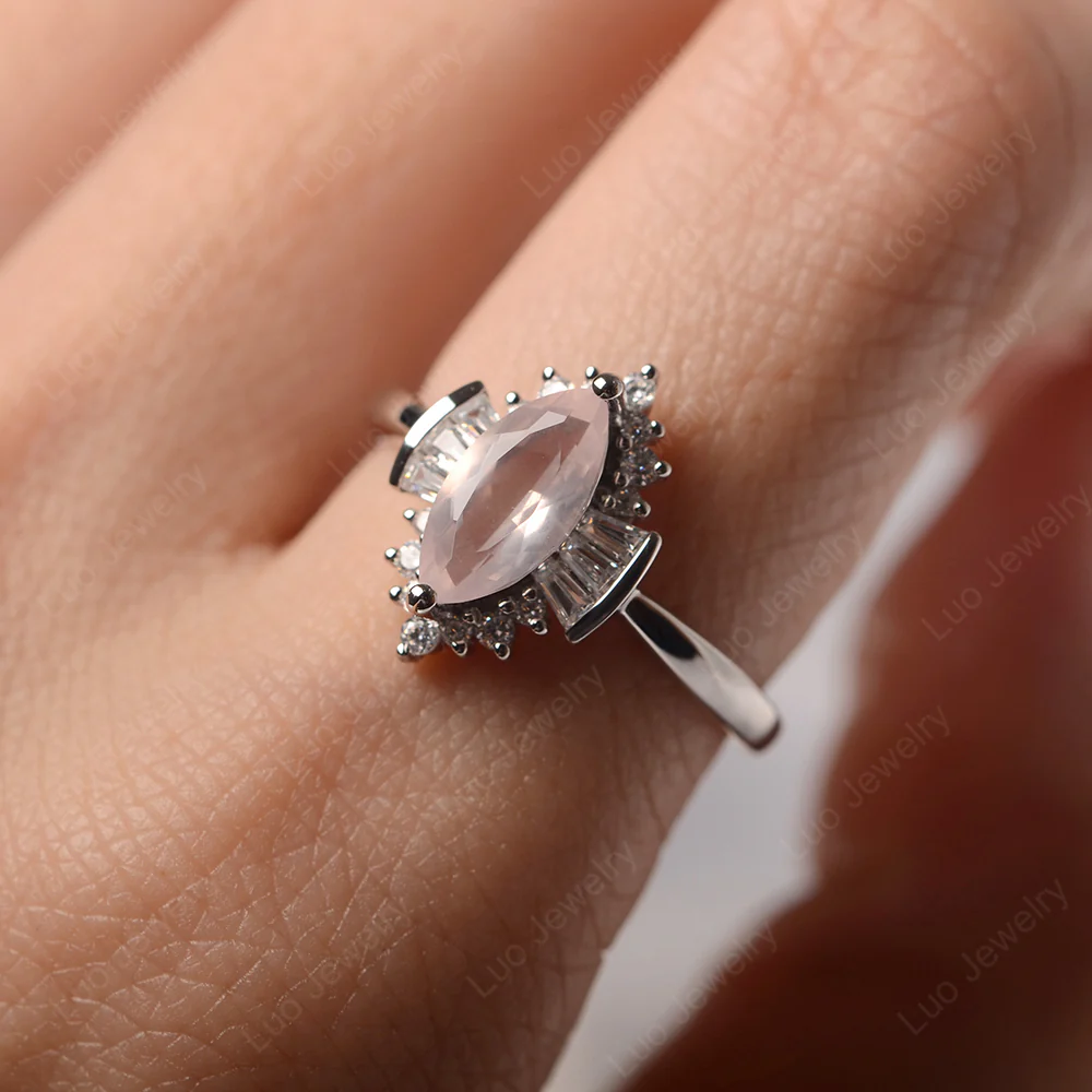Rose Quartz Marquise Sunburst Engagement Ring - Image 5