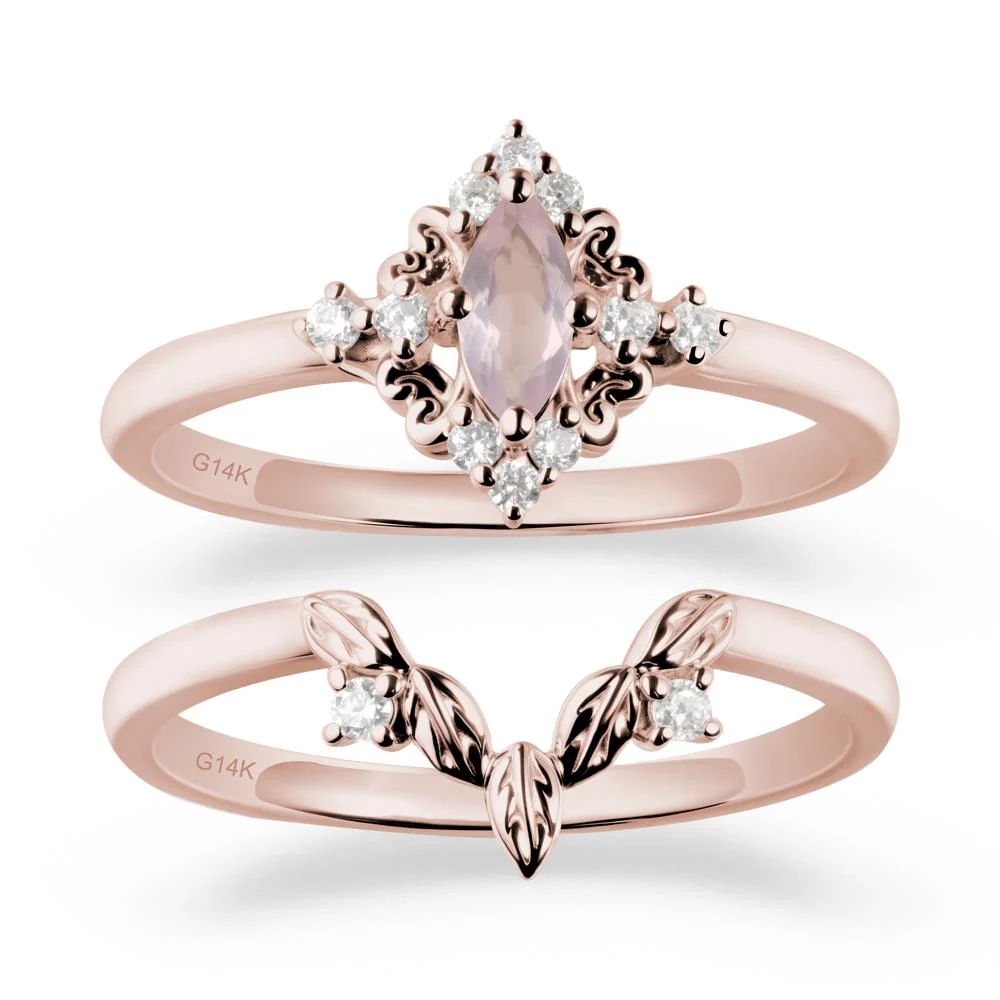 Marquise Rose Quartz Ring Sets with Leaf Details - Image 2