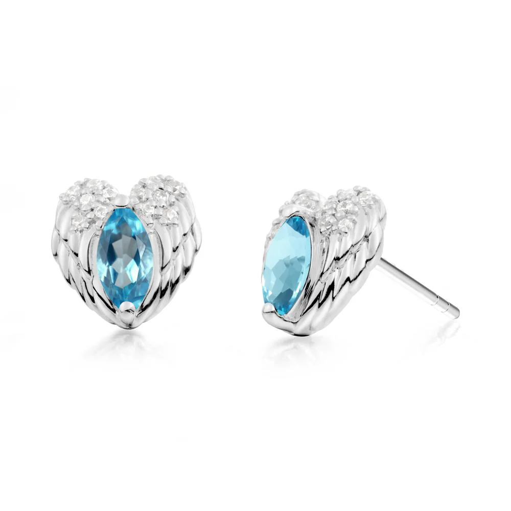Marquise Swiss Blue Topaz Angel Wings Heart Stud Earrings - Image 2