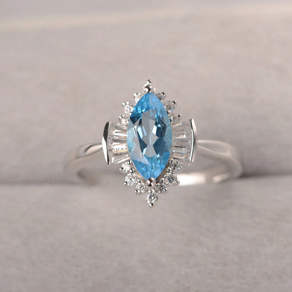 Swiss Blue Topaz Marquise Sunburst Engagement Ring