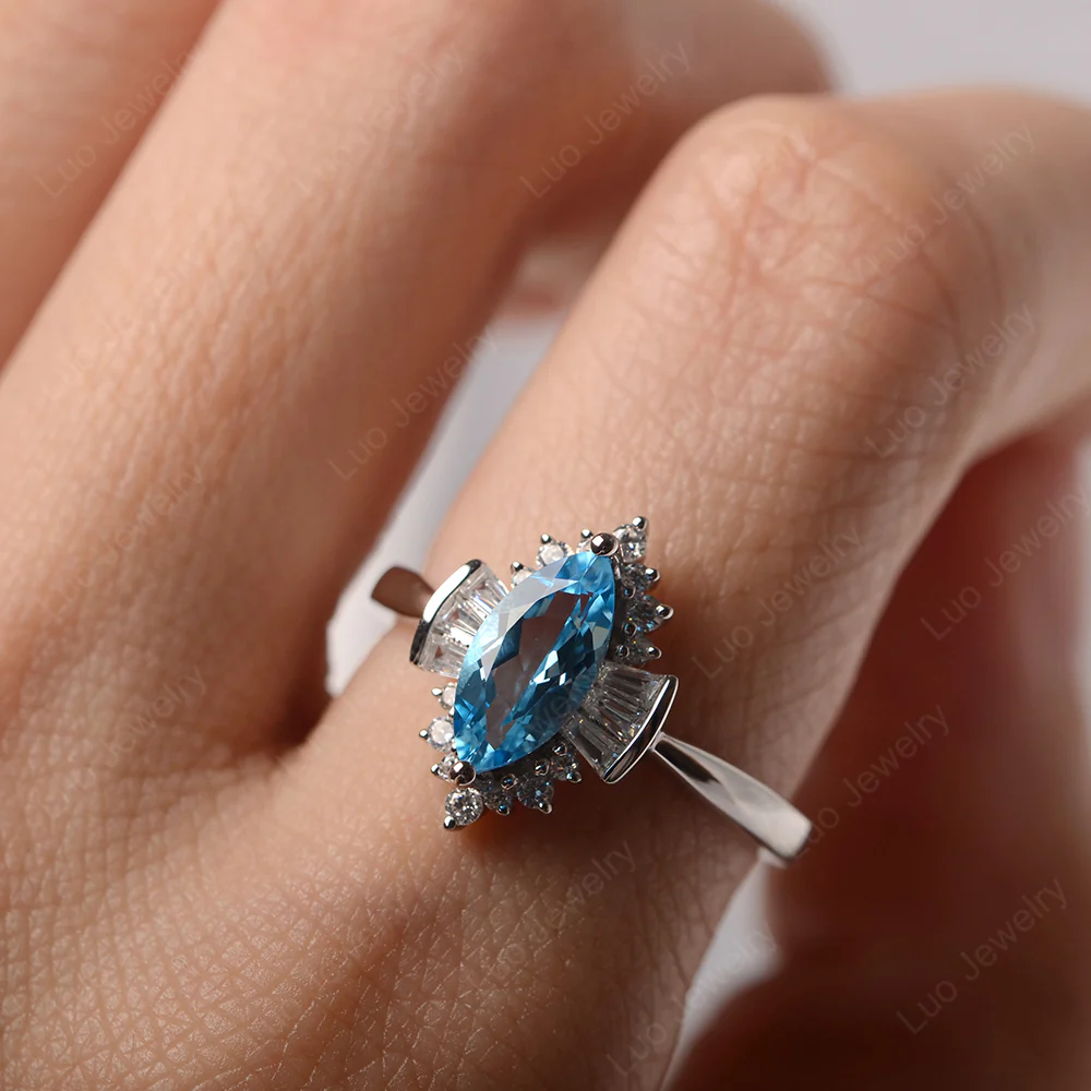 Swiss Blue Topaz Marquise Sunburst Engagement Ring - Image 5