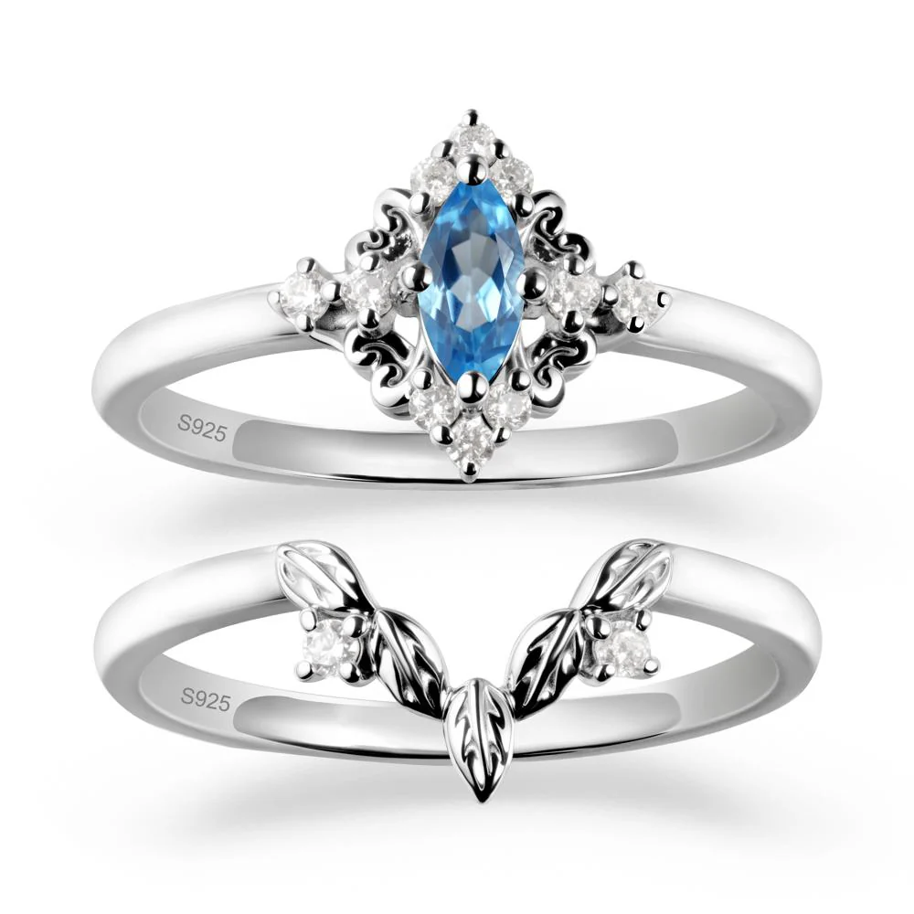 Marquise Swiss Blue Topaz Ring Sets with Leaf Details