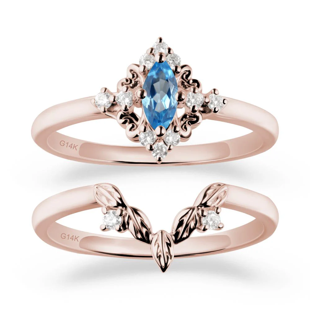 Marquise Swiss Blue Topaz Ring Sets with Leaf Details - Image 2