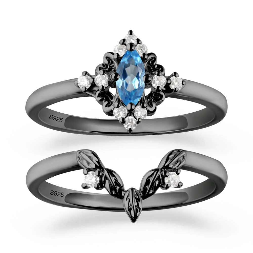 Marquise Swiss Blue Topaz Ring Sets with Leaf Details - Image 8