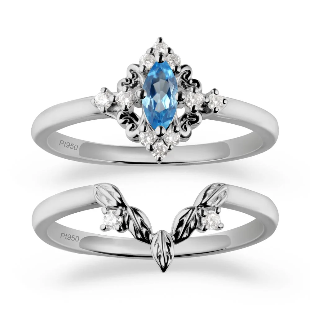 Marquise Swiss Blue Topaz Ring Sets with Leaf Details - Image 9