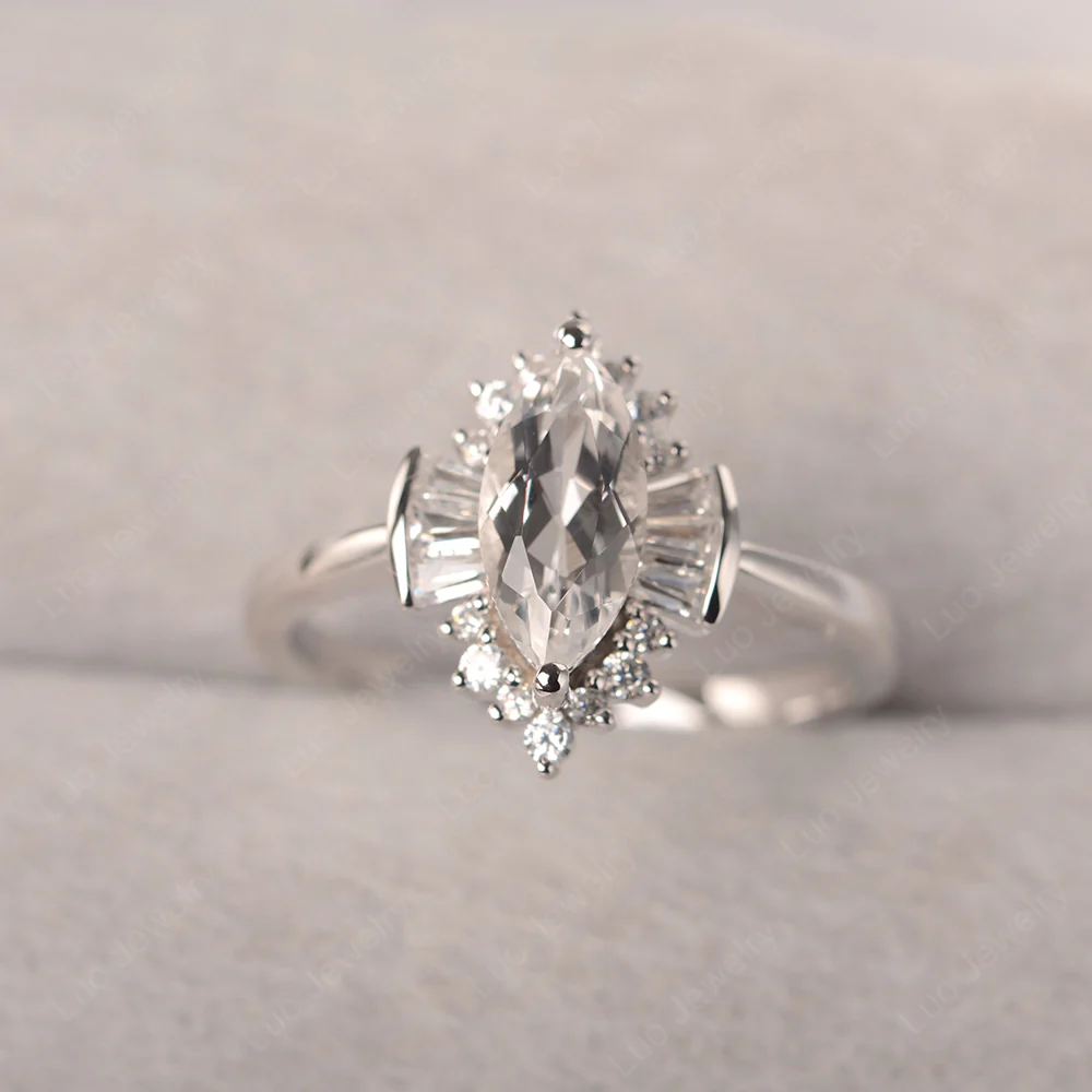 Marquise White Topaz Ring with Baguettes