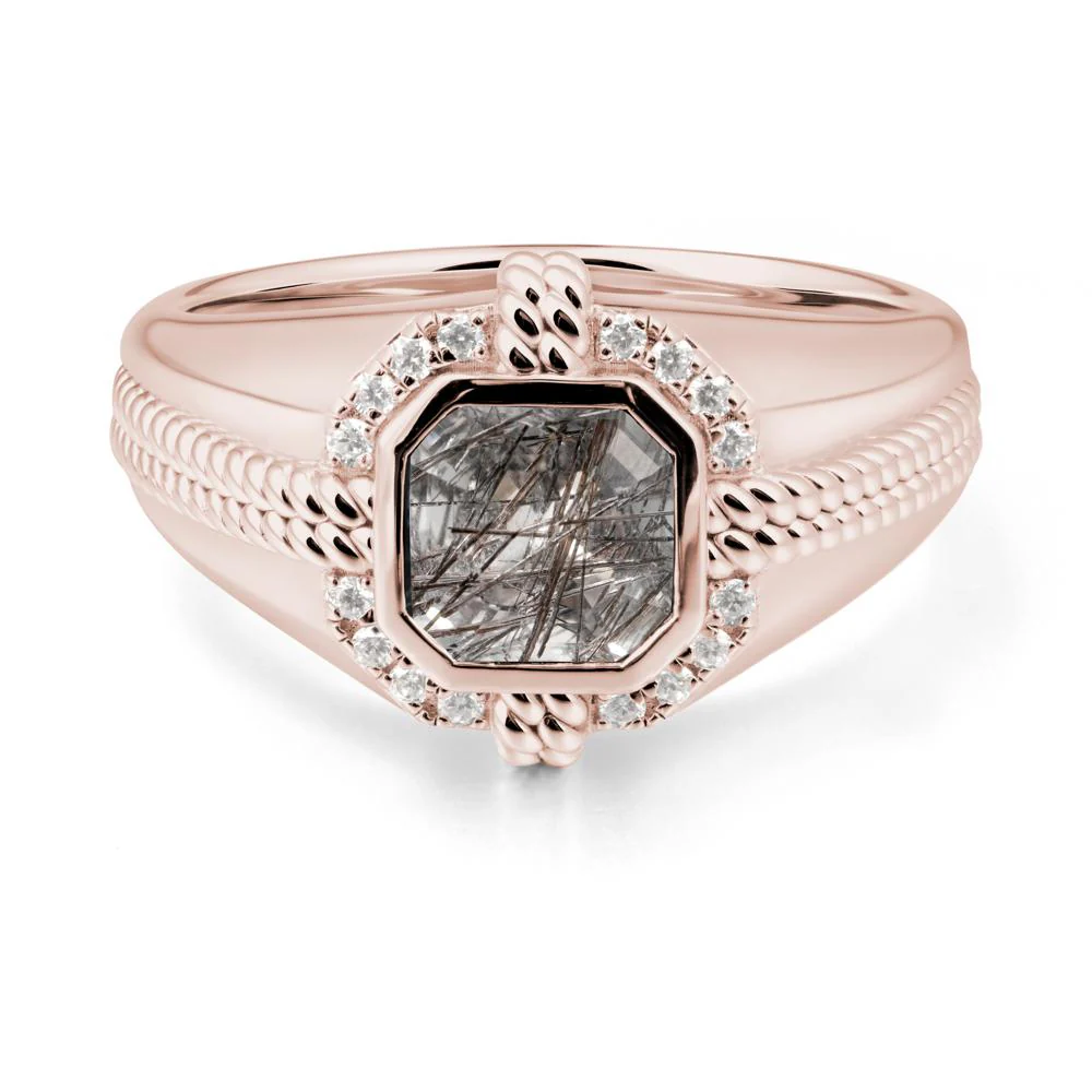 Men Black Rutilated Quartz Promise Ring with Twist Rope Design - Image 2